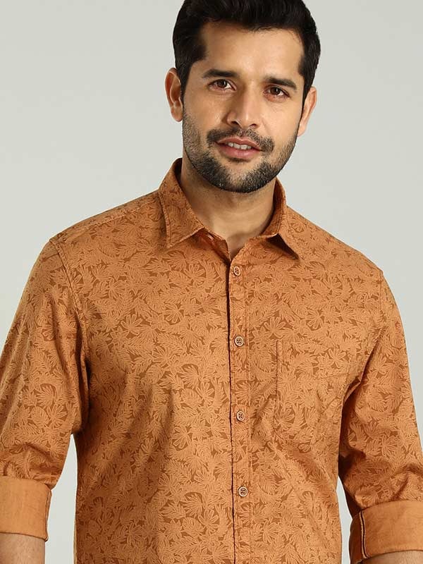Indian Terrain Men's Slim Fit Full Sleeve Tropical Print Brown Shirt